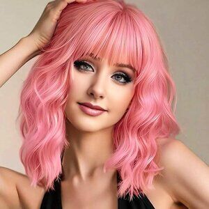Pink Wigs Short Wavy Hair